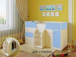 Кровать-чердак Малыш-4 Дуб молочный/Голубой в Красном Яре - krasnyj-yar.katalogmebeli.com | фото