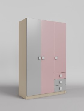 Шкаф 3-х створчатый с ящиками Грэйси (Розовый/Серый/корпус Клен) в Красном Яре - krasnyj-yar.katalogmebeli.com | фото