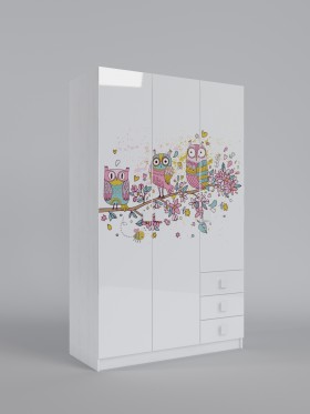 Шкаф 3-х створчатый с ящиками Совушки (Белый/корпус Выбеленное дерево) в Красном Яре - krasnyj-yar.katalogmebeli.com | фото